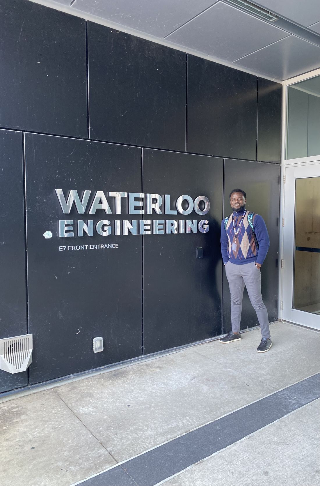 Ayoola Gbade-Bello on his first day as an MBET student at the Pearl Sullivan Engineering building, University of Waterloo, 2024