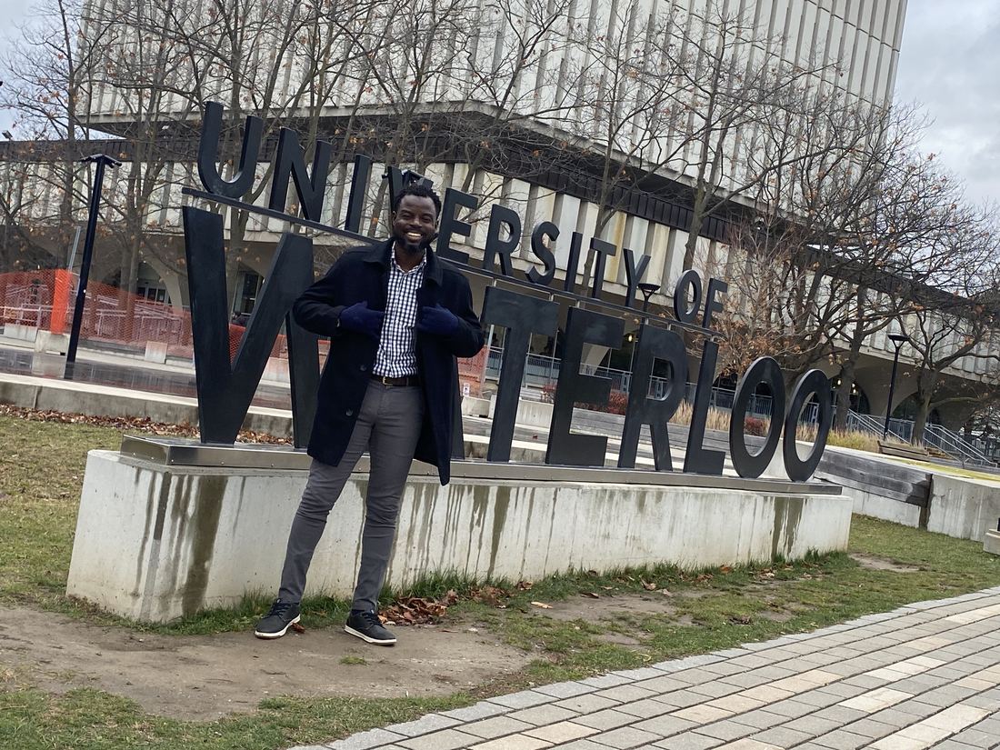 Ayoola Gbade-Bello at the University of Waterloo in winter, 2024, shortly after landing in Canada