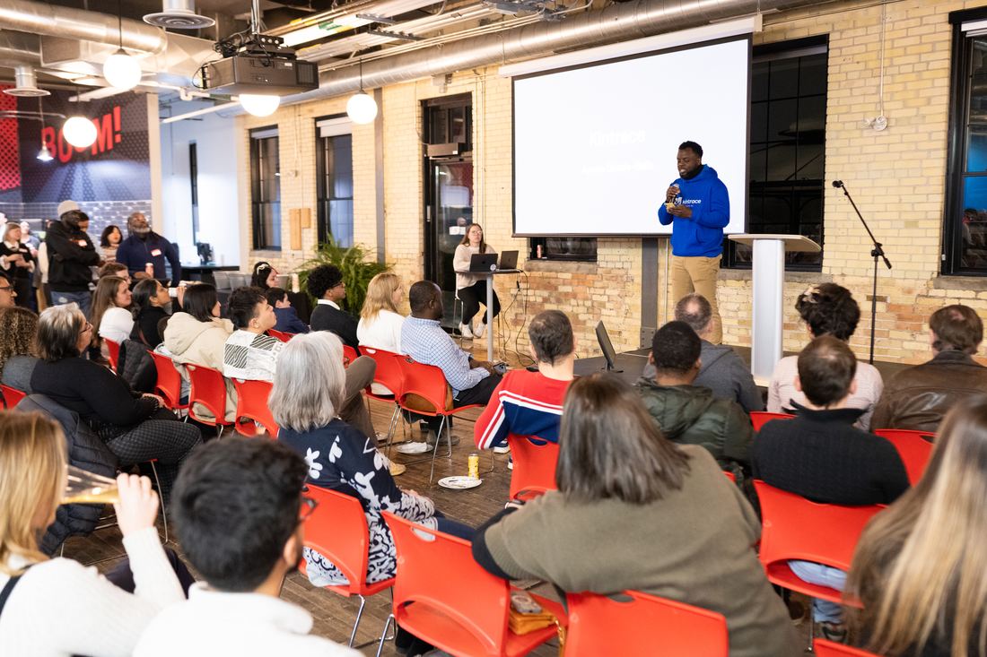 Ayoola Gbade-Bello pitching Kintrace at the Communitech Startup Bootcamp Demo Day, 2025