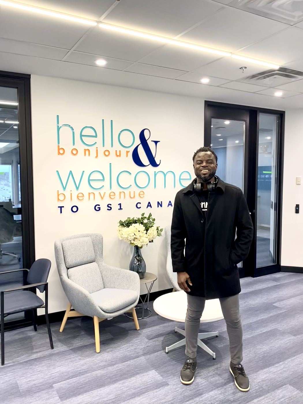 Ayoola Gbade-Bello arriving at GS1 Canada's office, April 2025