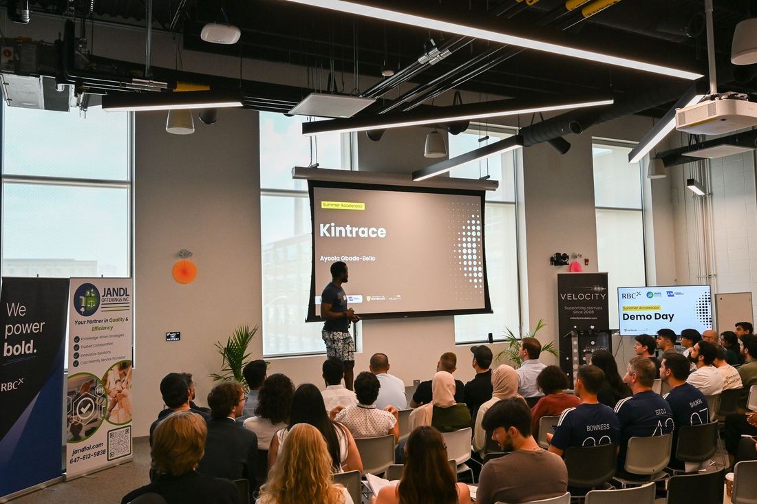 Ayoola Gbade-Bello presenting Kintrace at the Velocity Summer Accelerator Demo Day