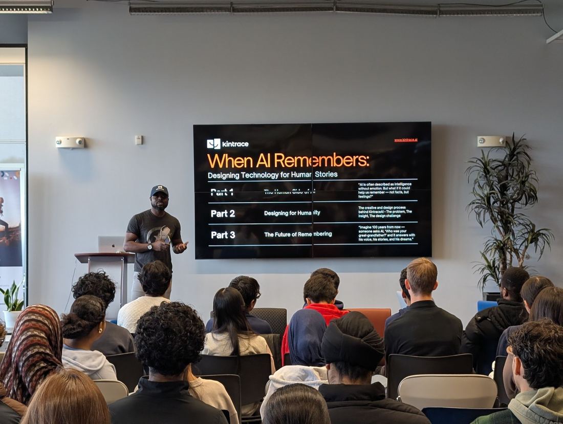 Ayoola Gbade-Bello presenting the thinking behind Kintrace at the Youth Tech Labs event, Accelerator Centre, Waterloo
